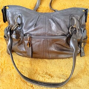 b. makowsky Metallic Gray Leather Shoulder Bag